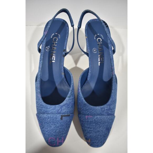 Chanel 22P Mademoiselle Coco Sling Light Blue Denim Slingback Sandal Heel 41.5 - Picture 6 of 10